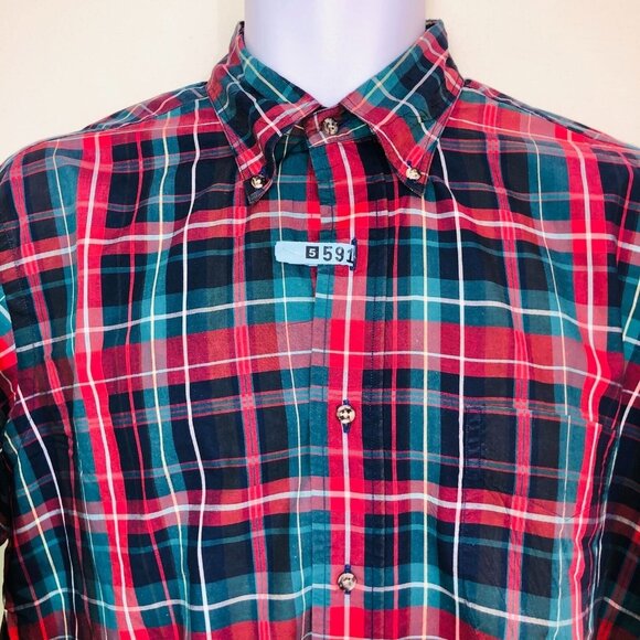 Vintage Kenneth Gordon Mens M Shirt Green Red Blue Plaid Long Sleeve Button Up - Picture 2 of 8